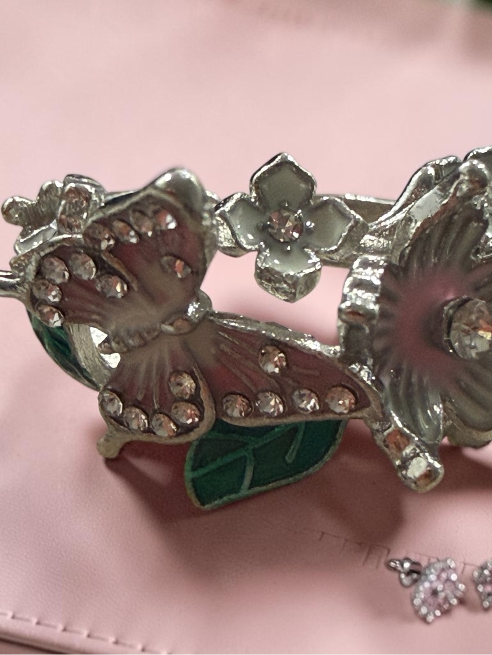 Silver-Tone Pink Enamel Butterfly Flower Ring with Clear Crystals